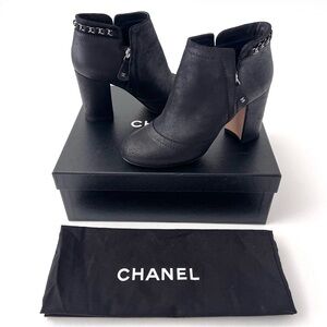 CHANEL | Black Suede Leather CC Chain Block Heel Ankle Boots Booties EU 37.5